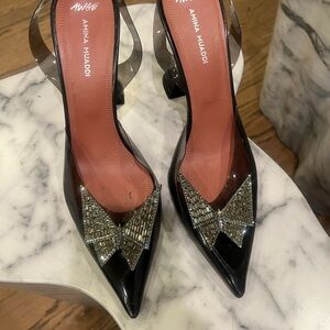 Amina Muaddi Black Heels with Silver Accents